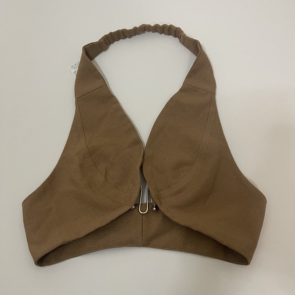 MISSGUIDED Metal Clasp Detail Open Front Halter Neck Crop Top tan camel large
